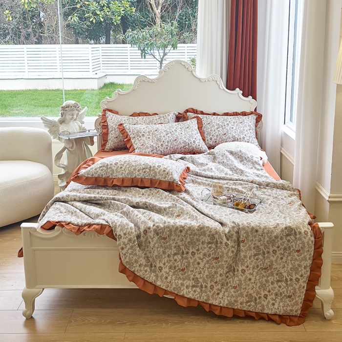 91家纺网 家纺一手货源 找家纺 梦莱斯 2023新款水洗棉麻印花夏被四件套 田野棕