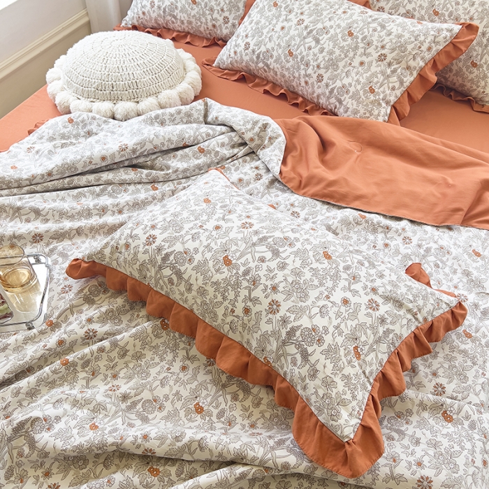 91家纺网 家纺一手货源 找家纺 梦莱斯 2023新款水洗棉麻印花夏被四件套 田野棕