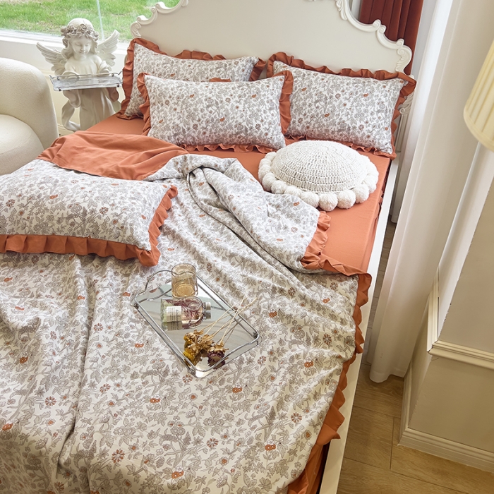 91家纺网 家纺一手货源 找家纺 梦莱斯 2023新款水洗棉麻印花夏被四件套 田野棕