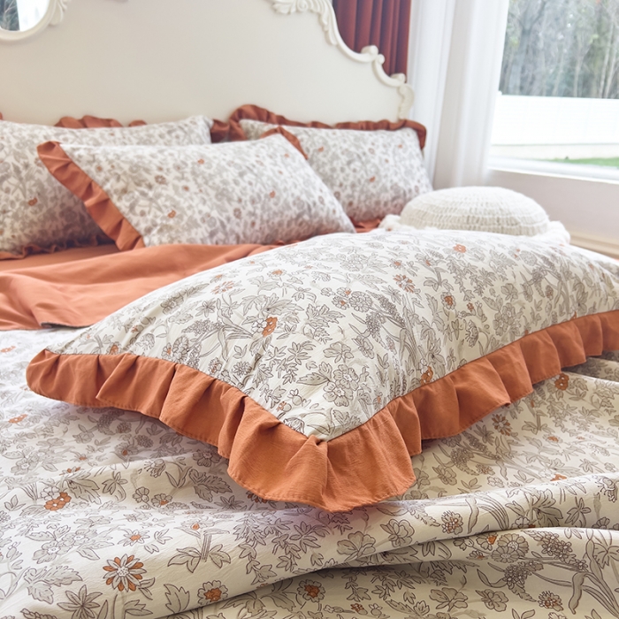 91家纺网 家纺一手货源 找家纺 梦莱斯 2023新款水洗棉麻印花夏被四件套 田野棕