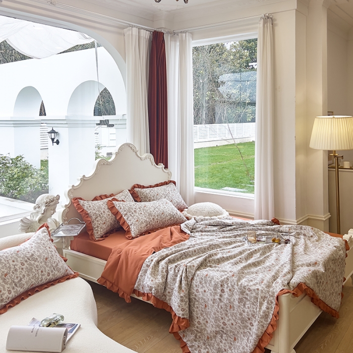 91家纺网 家纺一手货源 找家纺 梦莱斯 2023新款水洗棉麻印花夏被四件套 田野棕