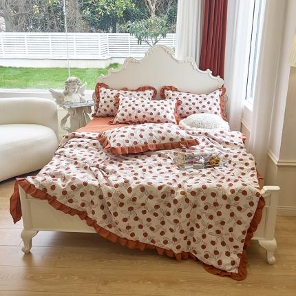 91家纺网 家纺一手货源 找家纺 梦莱斯 2023新款水洗棉麻印花夏被四件套 情人砖红