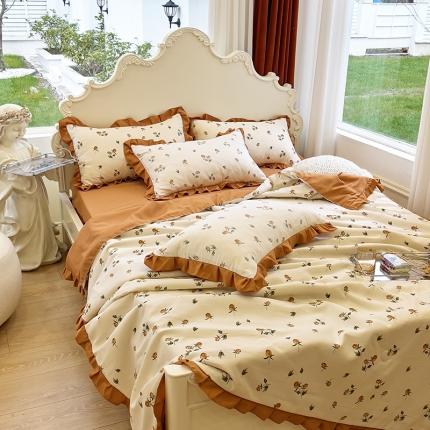 91家纺网 家纺一手货源 找家纺 梦莱斯 2023新款水洗棉麻印花夏被四件套 幽静米黄