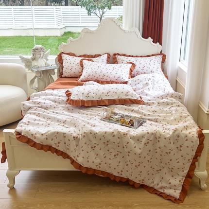 91家纺网 家纺一手货源 找家纺 梦莱斯 2023新款水洗棉麻印花夏被四件套 铃岚红