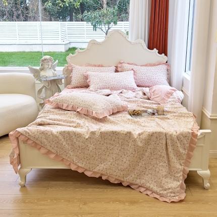 91家纺网 家纺一手货源 找家纺 梦莱斯 2023新款水洗棉麻印花夏被四件套 白鸽粉