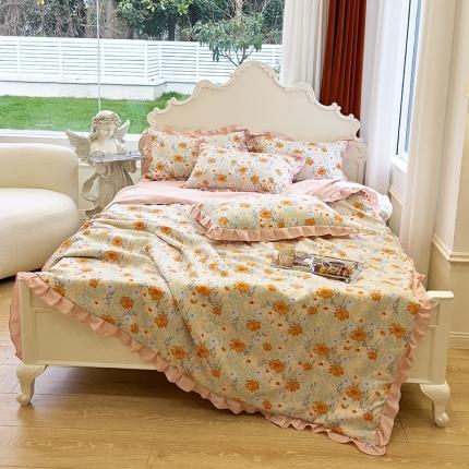 91家纺网 家纺一手货源 找家纺 梦莱斯 2023新款水洗棉麻印花夏被四件套 锦绣米黄