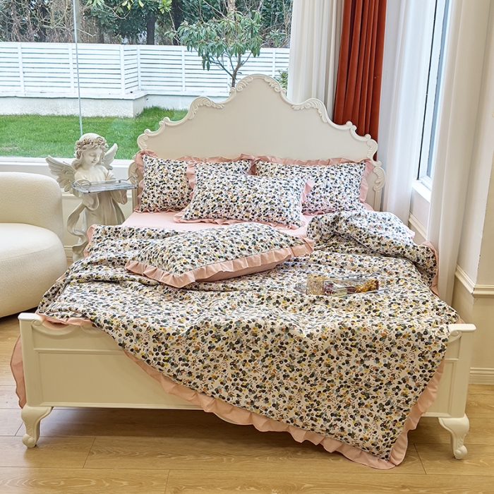 91家纺网 家纺一手货源 找家纺 梦莱斯 2023新款水洗棉麻印花夏被四件套 开心果米色