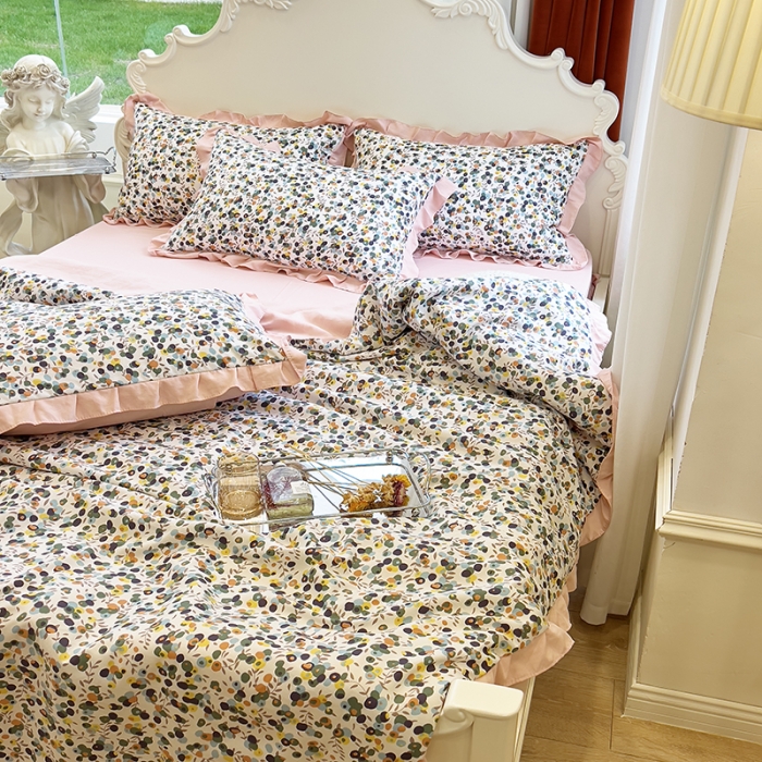 91家纺网 家纺一手货源 找家纺 梦莱斯 2023新款水洗棉麻印花夏被四件套 开心果米色