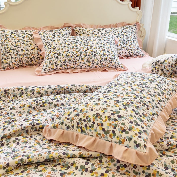 91家纺网 家纺一手货源 找家纺 梦莱斯 2023新款水洗棉麻印花夏被四件套 开心果米色