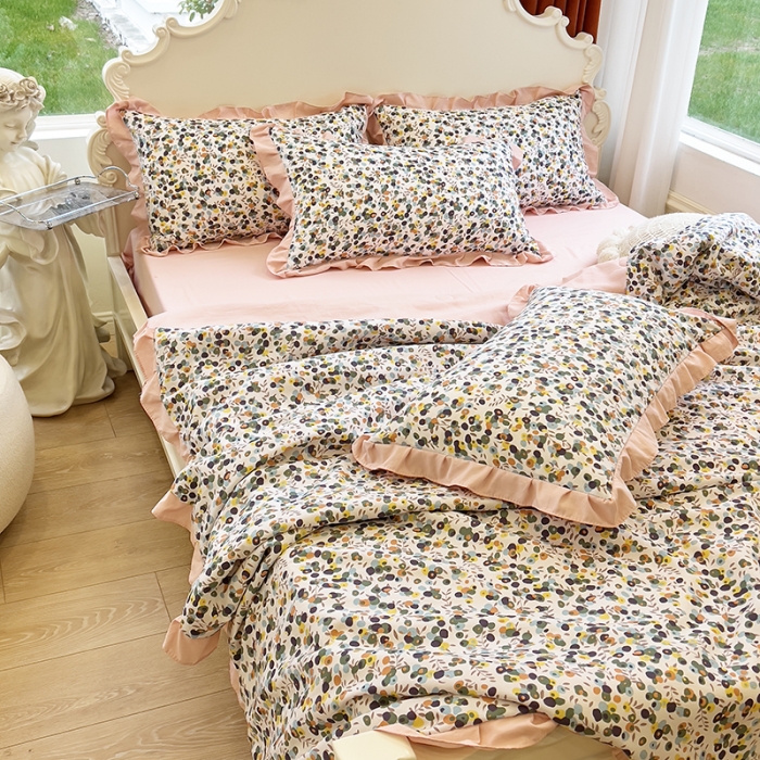 91家纺网 家纺一手货源 找家纺 梦莱斯 2023新款水洗棉麻印花夏被四件套 开心果米色