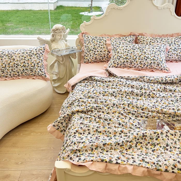 91家纺网 家纺一手货源 找家纺 梦莱斯 2023新款水洗棉麻印花夏被四件套 开心果米色