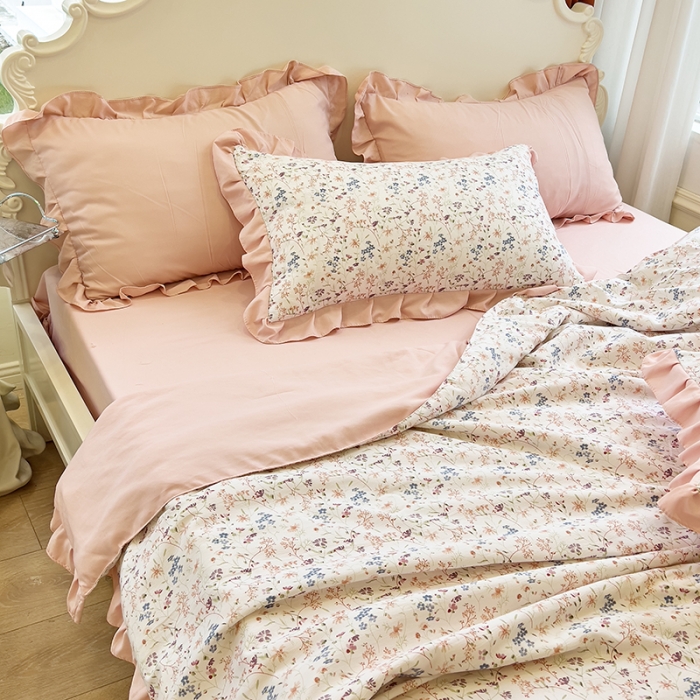 91家纺网 家纺一手货源 找家纺 梦莱斯 2023新款水洗棉麻印花夏被四件套 抒情米