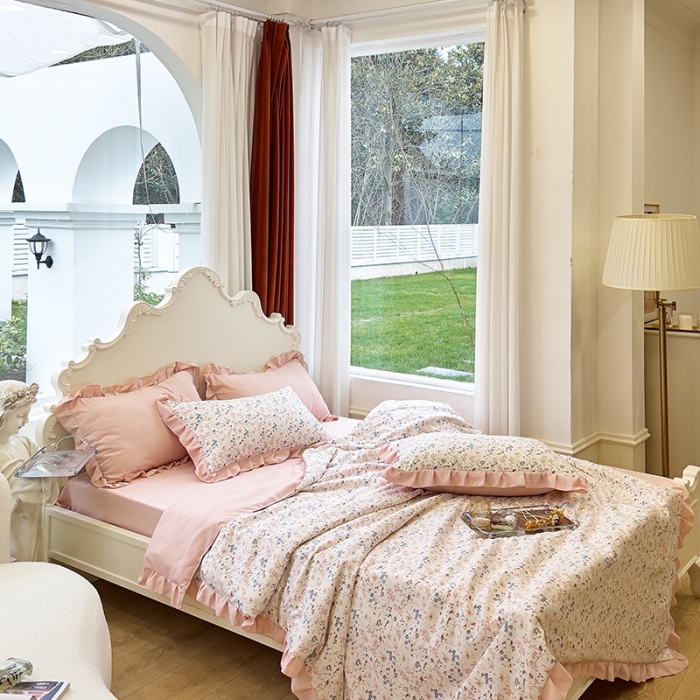 91家纺网 家纺一手货源 找家纺 梦莱斯 2023新款水洗棉麻印花夏被四件套 抒情米