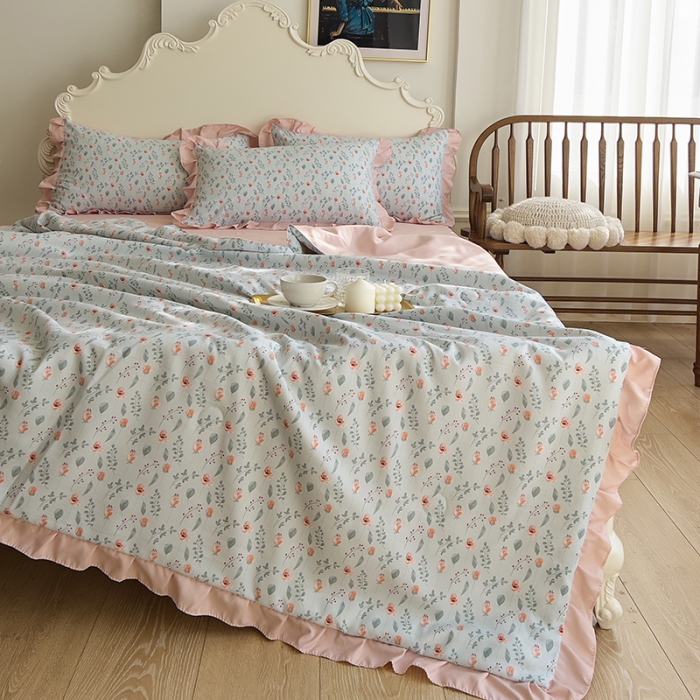 91家纺网 家纺一手货源 找家纺 梦莱斯 2023新款水洗棉麻印花夏被四件套 暗香米色