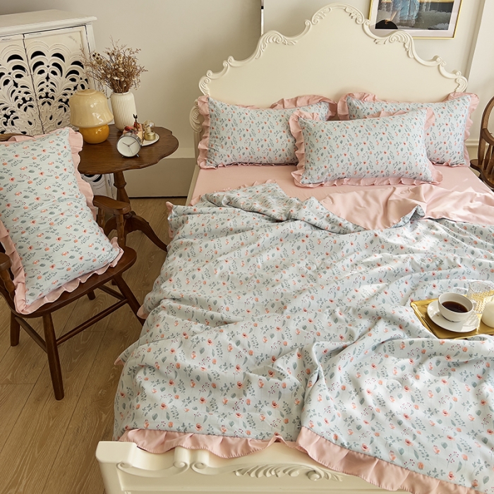 91家纺网 家纺一手货源 找家纺 梦莱斯 2023新款水洗棉麻印花夏被四件套 暗香米色