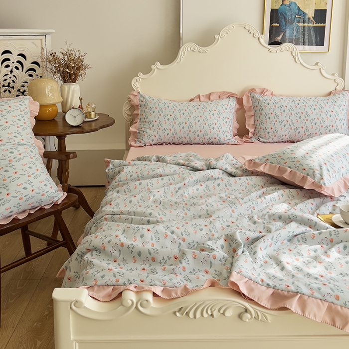 91家纺网 家纺一手货源 找家纺 梦莱斯 2023新款水洗棉麻印花夏被四件套 暗香米色