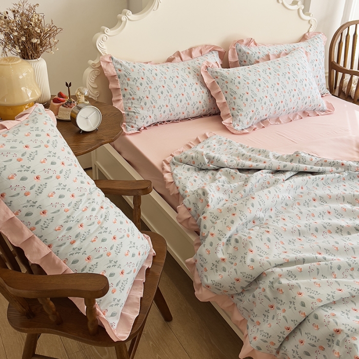 91家纺网 家纺一手货源 找家纺 梦莱斯 2023新款水洗棉麻印花夏被四件套 暗香米色