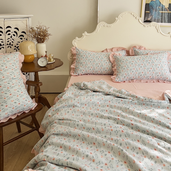 91家纺网 家纺一手货源 找家纺 梦莱斯 2023新款水洗棉麻印花夏被四件套 暗香米色