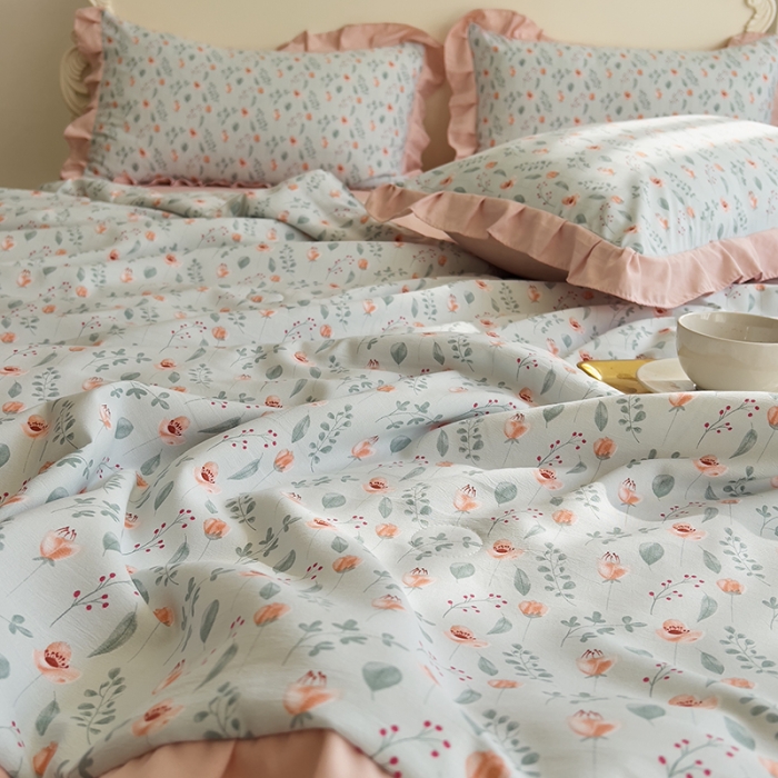 91家纺网 家纺一手货源 找家纺 梦莱斯 2023新款水洗棉麻印花夏被四件套 暗香米色