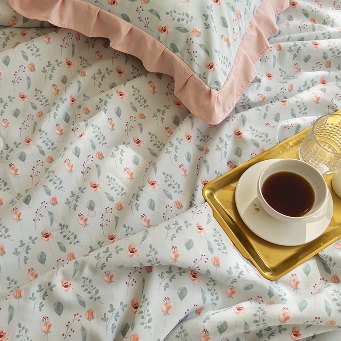 91家纺网 家纺一手货源 找家纺 梦莱斯 2023新款水洗棉麻印花夏被四件套 暗香米色