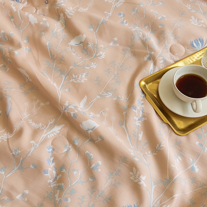 91家纺网 家纺一手货源 找家纺 梦莱斯 2023新款水洗棉麻印花夏被四件套 司藤桔