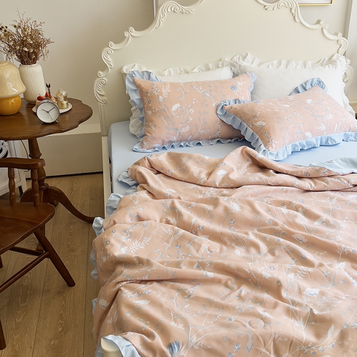 91家纺网 家纺一手货源 找家纺 梦莱斯 2023新款水洗棉麻印花夏被四件套 司藤桔