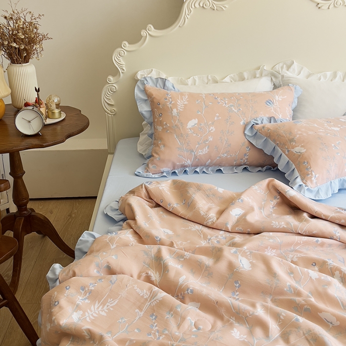 91家纺网 家纺一手货源 找家纺 梦莱斯 2023新款水洗棉麻印花夏被四件套 司藤桔