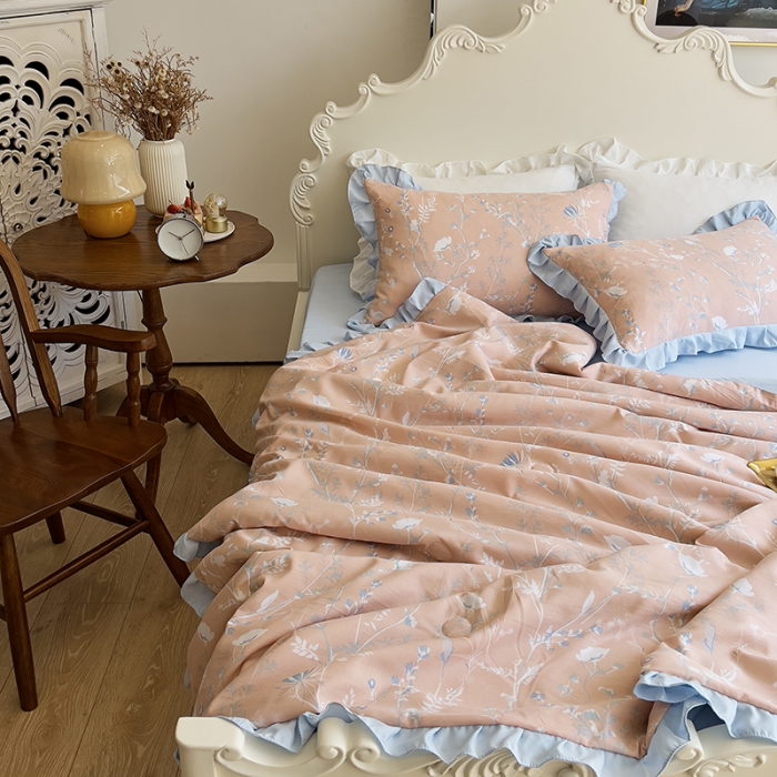 91家纺网 家纺一手货源 找家纺 梦莱斯 2023新款水洗棉麻印花夏被四件套 司藤桔