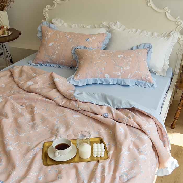 91家纺网 家纺一手货源 找家纺 梦莱斯 2023新款水洗棉麻印花夏被四件套 司藤桔