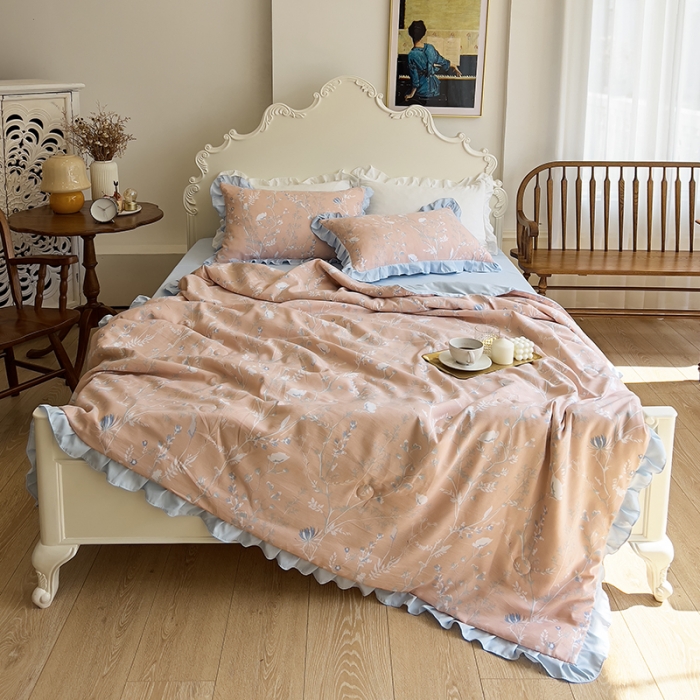 91家纺网 家纺一手货源 找家纺 梦莱斯 2023新款水洗棉麻印花夏被四件套 司藤桔