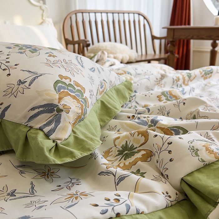 91家纺网 家纺一手货源 找家纺 梦莱斯 2023新款水洗棉麻印花夏被四件套 夏洛米