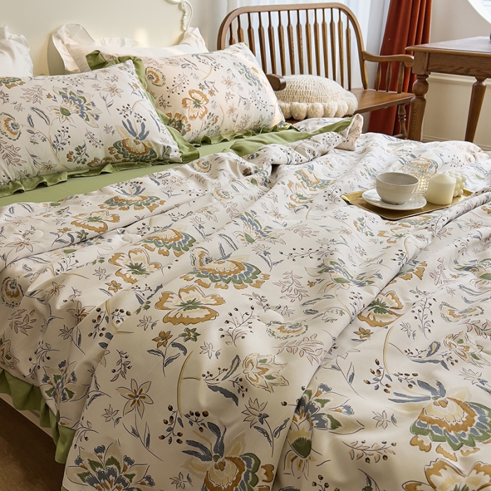 91家纺网 家纺一手货源 找家纺 梦莱斯 2023新款水洗棉麻印花夏被四件套 夏洛米