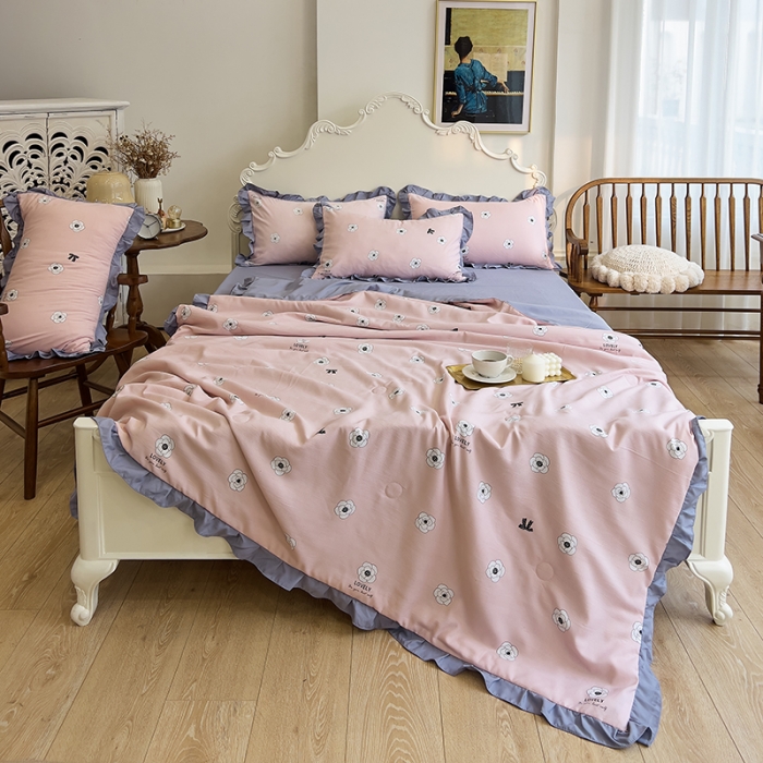 91家纺网 家纺一手货源 找家纺 梦莱斯 2023新款水洗棉麻印花夏被四件套 山茶花粉