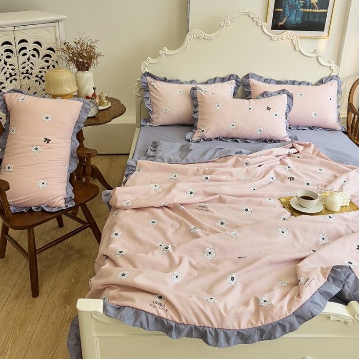 91家纺网 家纺一手货源 找家纺 梦莱斯 2023新款水洗棉麻印花夏被四件套 山茶花粉