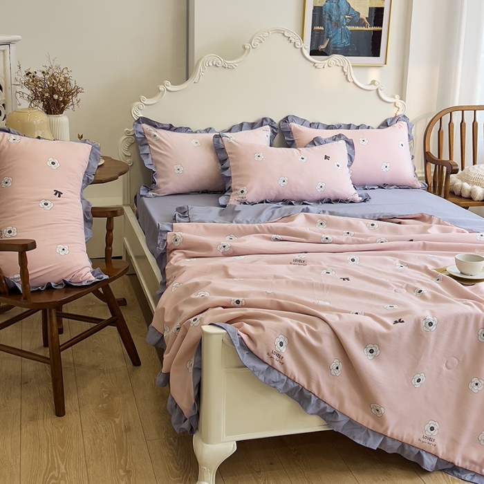 91家纺网 家纺一手货源 找家纺 梦莱斯 2023新款水洗棉麻印花夏被四件套 山茶花粉