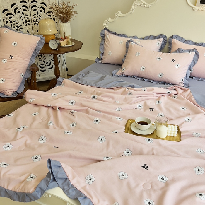 91家纺网 家纺一手货源 找家纺 梦莱斯 2023新款水洗棉麻印花夏被四件套 山茶花粉