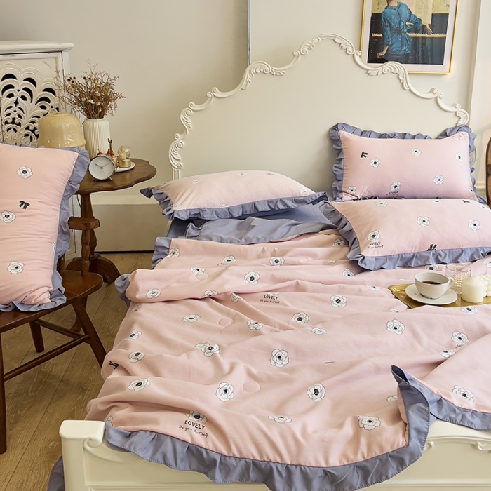 91家纺网 家纺一手货源 找家纺 梦莱斯 2023新款水洗棉麻印花夏被四件套 山茶花粉