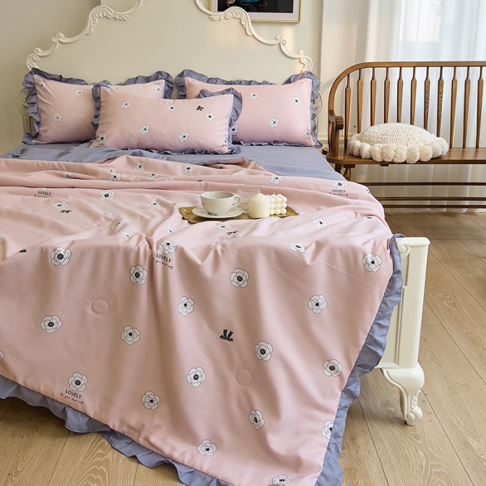 91家纺网 家纺一手货源 找家纺 梦莱斯 2023新款水洗棉麻印花夏被四件套 山茶花粉