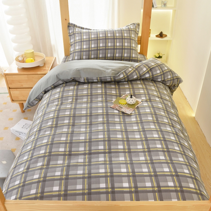 91家纺网 家纺一手货源 找家纺 棉造 2023新款13372纯棉学生宿舍上下床套件全棉三件套六件套 简格~灰-MZ