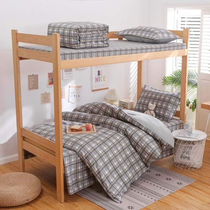 91家纺网 家纺一手货源 找家纺 棉造 2023新款13372纯棉学生宿舍上下床套件全棉三件套六件套 简格~灰-MZ