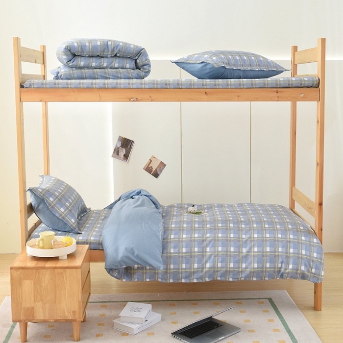 91家纺网 家纺一手货源 找家纺 棉造 2023新款13372纯棉学生宿舍上下床套件全棉三件套六件套 简格~蓝-MZ