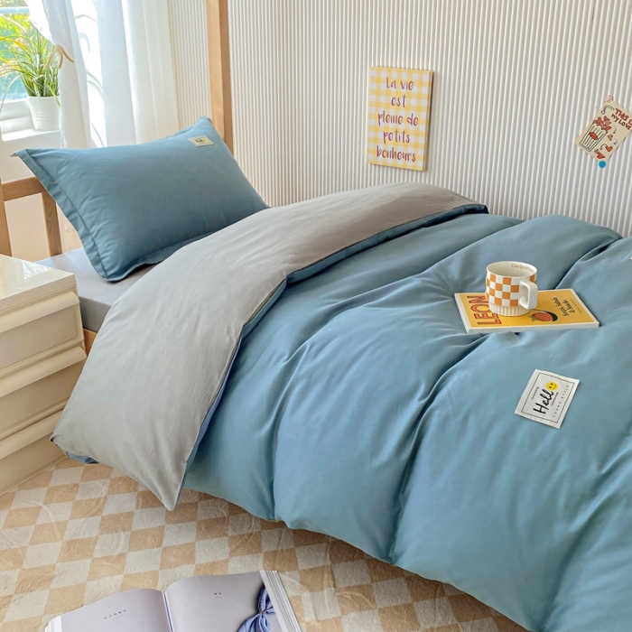 91家纺网 家纺一手货源 找家纺 棉造 2023新款13372纯棉学生宿舍上下床套件全棉三件套六件套 蓝灰-MZ