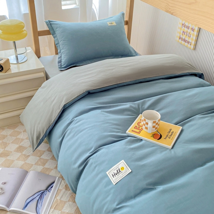 91家纺网 家纺一手货源 找家纺 棉造 2023新款13372纯棉学生宿舍上下床套件全棉三件套六件套 蓝灰-MZ