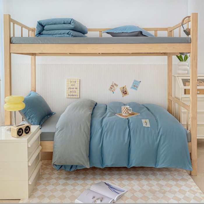 91家纺网 家纺一手货源 找家纺 棉造 2023新款13372纯棉学生宿舍上下床套件全棉三件套六件套 蓝灰-MZ