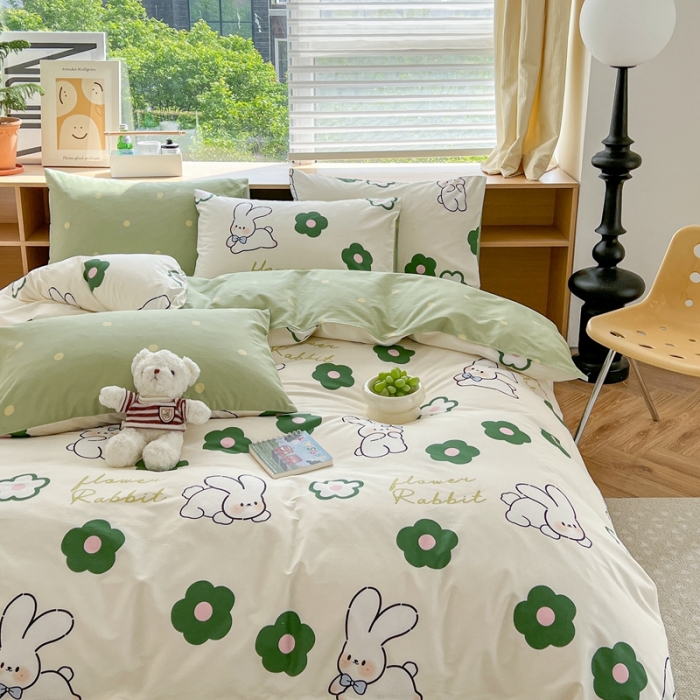 91家纺网 家纺一手货源 找家纺 时年 2023新款全棉优选系列 风格一 绿花小兔