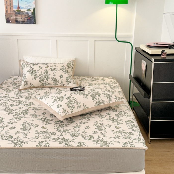 91家纺网 家纺一手货源 找家纺 昔可 2023新款高端数码冰藤席床笠款凉席 法式茶歇 绿