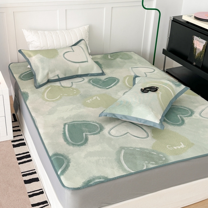 91家纺网 家纺一手货源 找家纺 昔可 2023新款高端数码冰藤席床笠款凉席 绿色水彩爱心