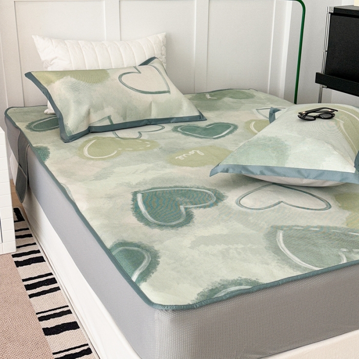 91家纺网 家纺一手货源 找家纺 昔可 2023新款高端数码冰藤席床笠款凉席 绿色水彩爱心