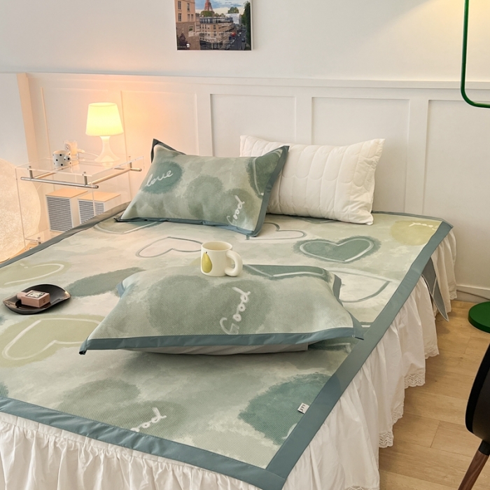 91家纺网 家纺一手货源 找家纺 昔可 2023新款高端数码冰藤席床席款凉席 绿色水彩爱心