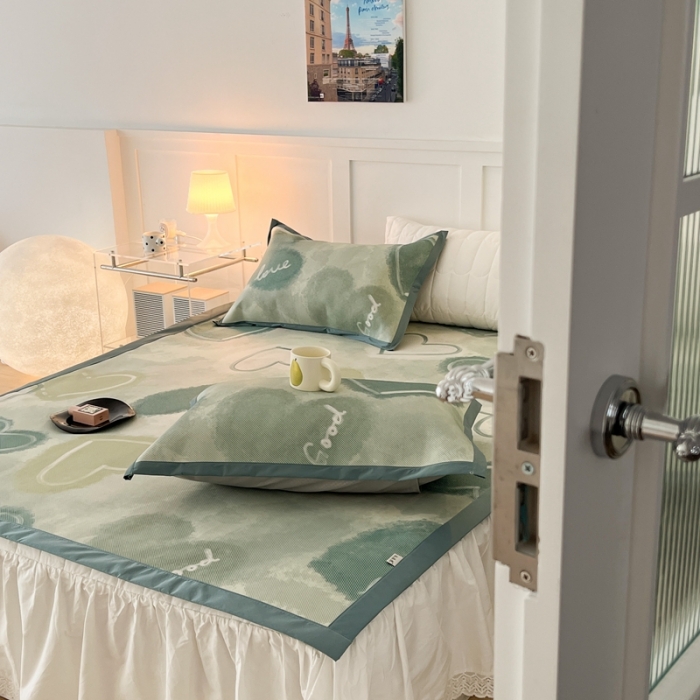 91家纺网 家纺一手货源 找家纺 昔可 2023新款高端数码冰藤席床席款凉席 绿色水彩爱心